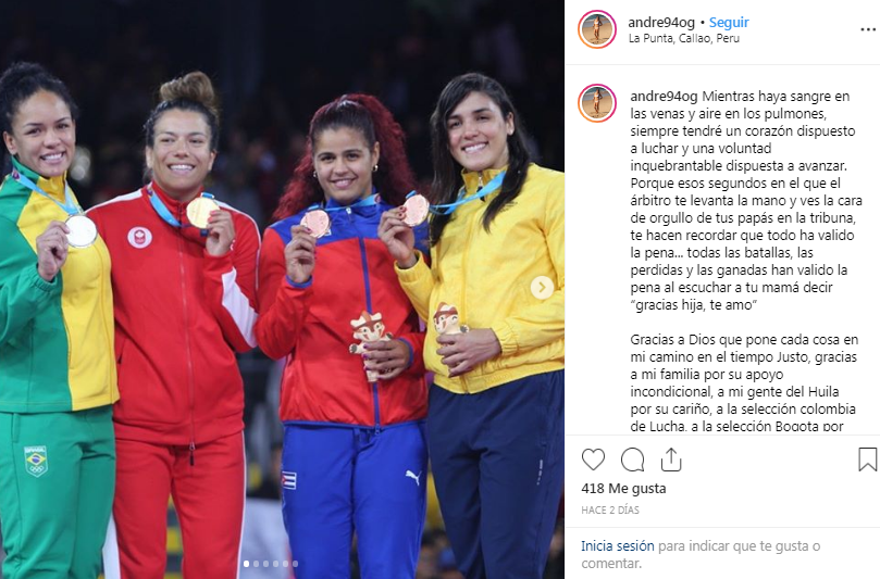 Mensaje escrito por la luchadora Andrea Olaya terminada la premiaci&oacute;n en Lima. 